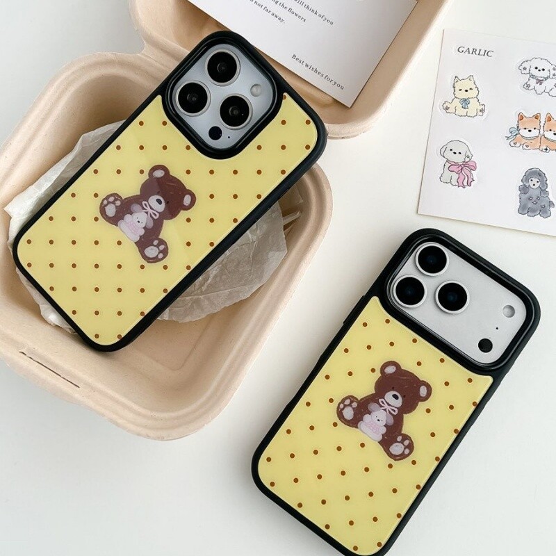 韩国ins夏日复古波点小熊黑边壳适用苹果iPhone17promax手机壳16pro小米15Pro保护套华为mate60P70荣耀oppo