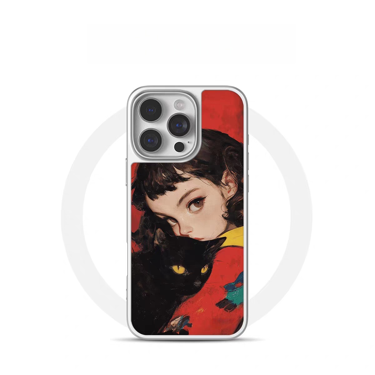 萝莉与黑猫亚克力电镀银黑边适用苹果iPhone16promax手机壳15pro小米14Pro保护套华为mate60P70防摔三星S23
