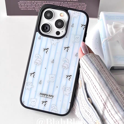 条纹格子猫咪亚克力黑边亮面磨砂适用苹果16手机壳iPhone15ProMax14Pro1312MINI保护套11XsMax防摔ins风78X