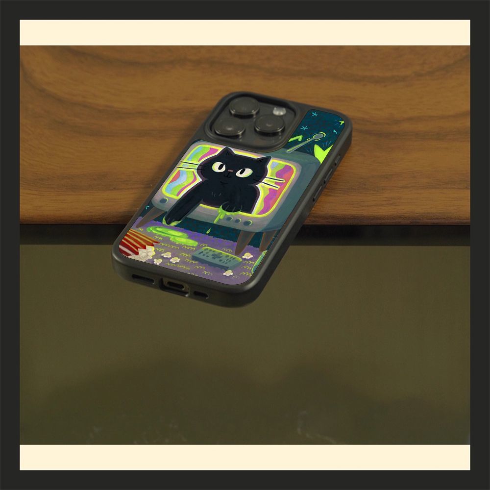 ins风可爱电视黑猫亚克力黑边适用苹果iPhone16promax手机壳15pro小米14Pro保护套华为mate60P70防摔三星S23
