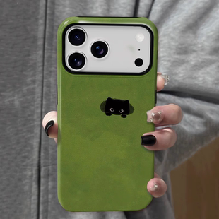 ins绿小黑猫适用iPhone16promax苹果17小米15新款 mate70华为p80nova荣耀400菲林手机壳opporeno一加vivox200