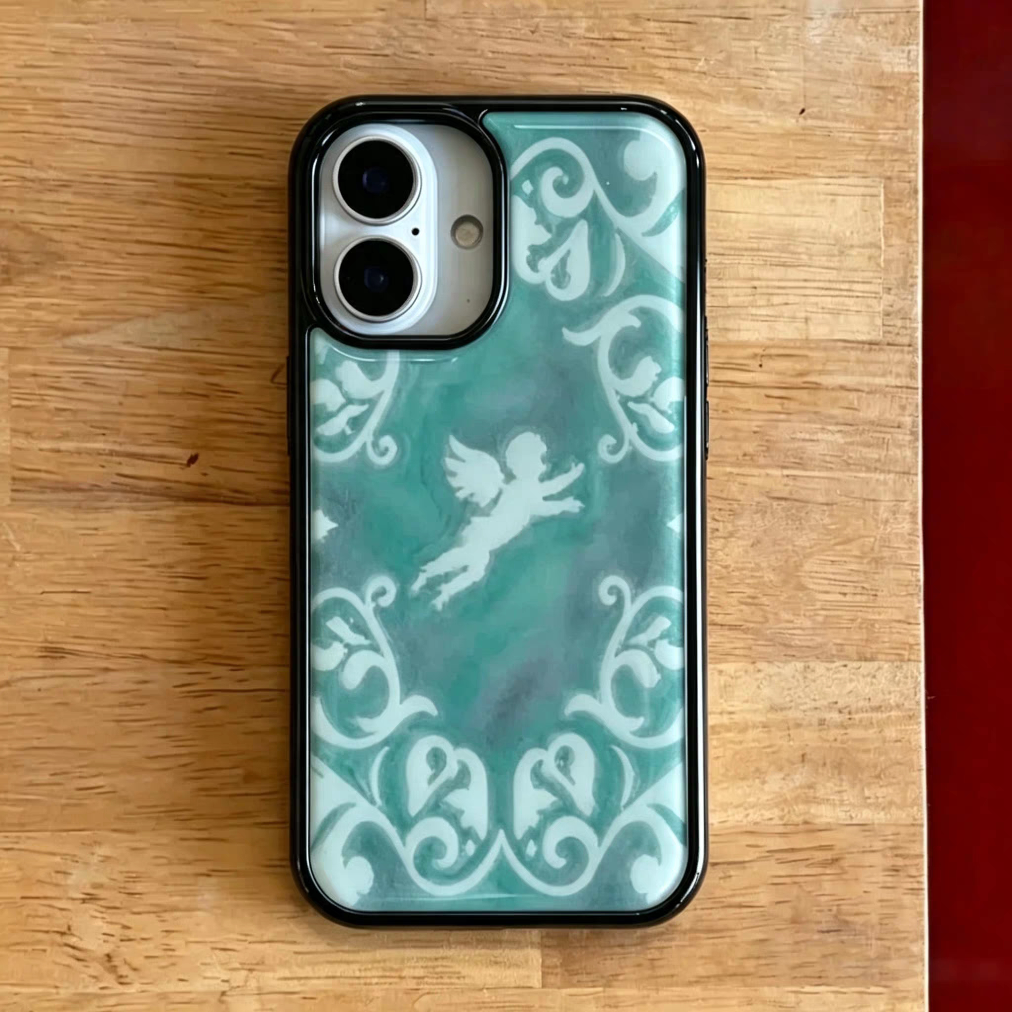 韩ins薄荷绿晕染花纹小天使黑边壳适用苹果iPhone17promax手机壳16pro小米15Pro保护套华为mate60P70荣耀oppo