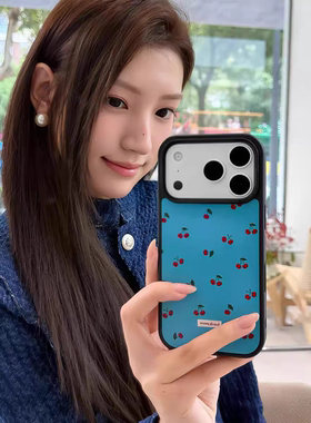 ins满屏樱桃蓝色高级感黑边手机壳适用苹果iPhone17promax高级感保护套小众16plus亮面15pro防摔简约14气质