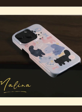 涂鸦猫咪蓝色Cat适用于苹果15promax手机壳iPhone13菲林11高级感12华为mate60小米14plus不撞壳创意个性气质