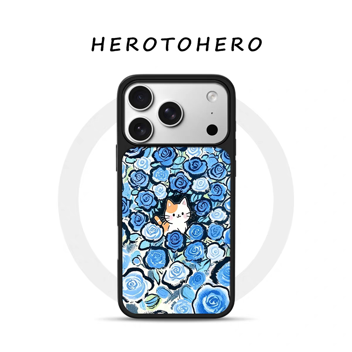 ins风蓝玫瑰小猫电镀银黑边适用苹果iPhone17promax手机壳16pro小米15Pro保护套华为mate60P70三星S23软壳