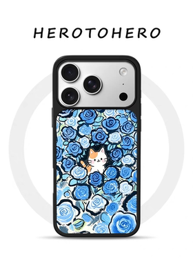 ins风蓝玫瑰小猫电镀银黑边适用苹果iPhone17promax手机壳16pro小米15Pro保护套华为mate60P70三星S23软壳