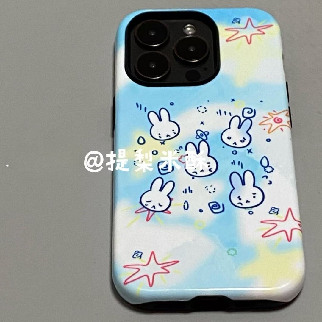 蓝晕染白兔可爱适用iphone15苹果手机壳16pro防摔13promax12菲林二合一14Pro小米华为荣耀OPPOvivo11Xsma防摔