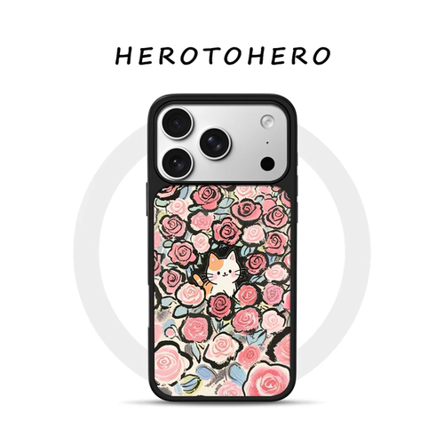 ins风复古玫瑰小猫电镀银黑边适用苹果iPhone17promax手机壳16pro小米15Pro保护套华为mate60P70三星S23软壳