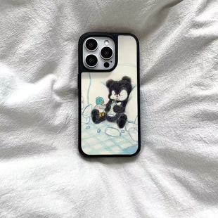 复古小熊黑边软壳适用于苹果iPhone17promax手机壳1613pro小米1415Pro华为mate60p70三星S23防摔小众保护套