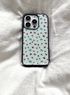 薄荷绿波点红色玫瑰樱桃亚克力黑边亮面磨砂磁吸适用苹果16promax手机壳iPhone15lus14Pro1312防摔ins原创