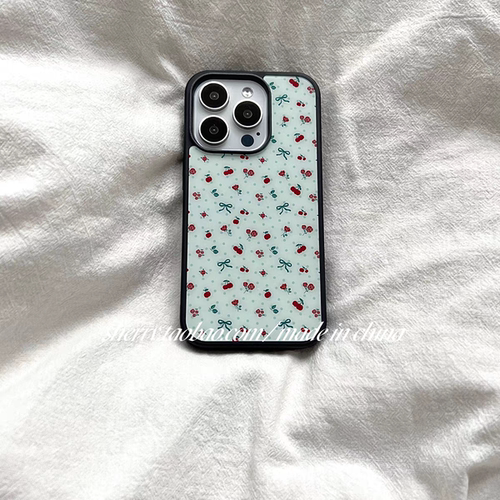 薄荷绿波点红色玫瑰樱桃亚克力黑边亮面磨砂磁吸适用苹果16promax手机壳iPhone15lus14Pro1312防摔ins原创