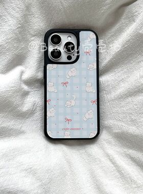 原创ins风格子小猫亚克力黑边适用苹果iPhone16promax手机壳15pro小米14Pro保护套华为mate60P70防摔三星S23