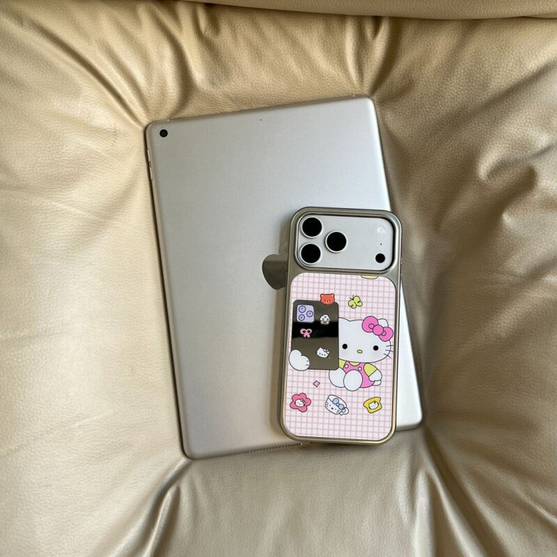 ins风复古格子kt小猫镜面手机壳适用苹果iPhone17promax手机壳软边16防摔15原创小米141312/11华为mate60P780