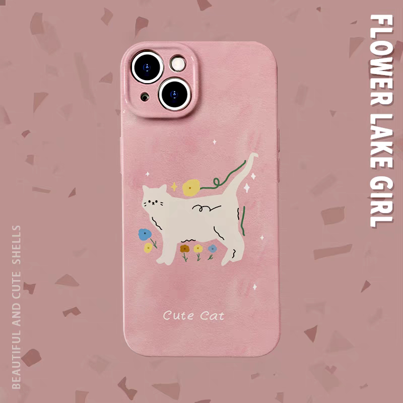 幸福小猫~简约粉色花适用iPhone16/15pro手机壳华为nova12硬OPPOreno9菲林苹果13vivos18软IQOO10小米14