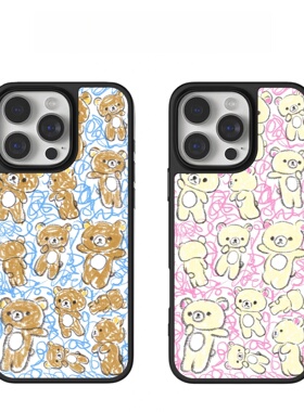 ins涂鸦轻松熊电镀银黑边适用苹果iPhone16promax手机壳15pro小米14Pro保护套华为mate60P70防摔三星S23软壳