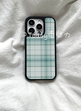 ins风薄荷条纹格子亚克力黑边适用苹果iPhone16promax手机壳15pro小米14Pro保护套华为mate60P70防摔三星S23