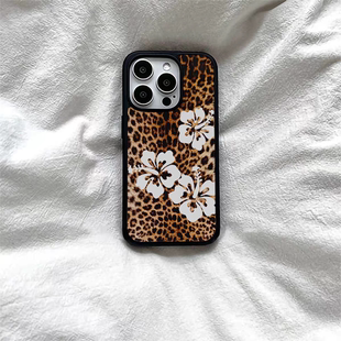 原创豹纹桑花ins亚克力黑边适用苹果iPhone16promax手机壳15pro小米14Pro保护套华为mate60P70防摔三星S23