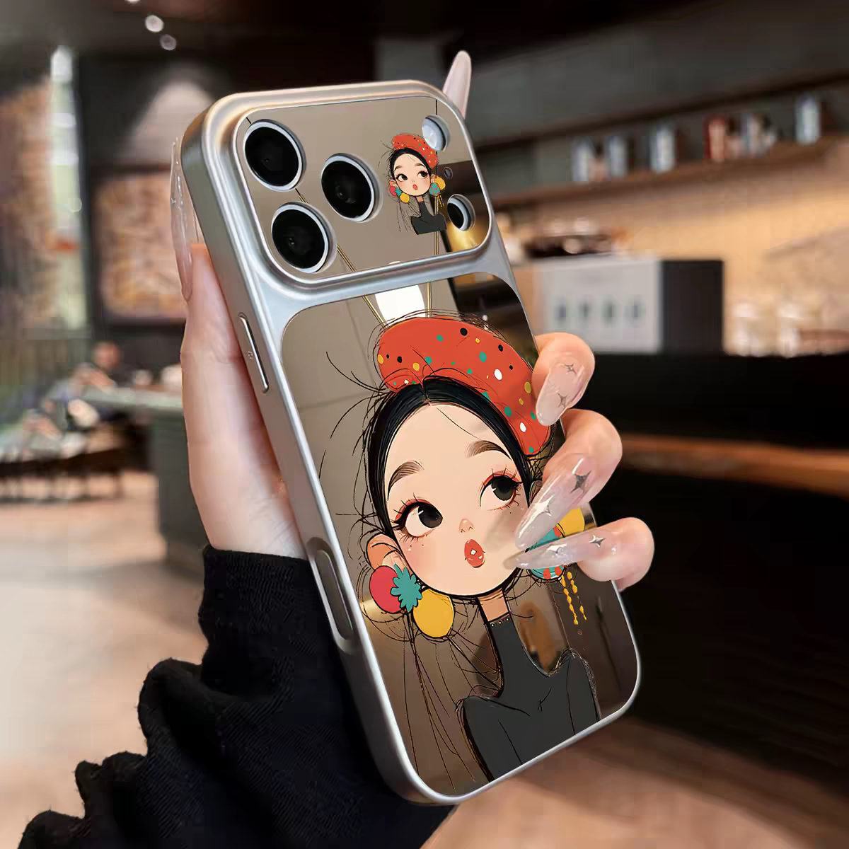 ins风可爱橙色美丽女孩镜面大视窗手机壳适用苹果18promax手机壳iPhone17高级感肤感壳15plus创意14pro13防摔