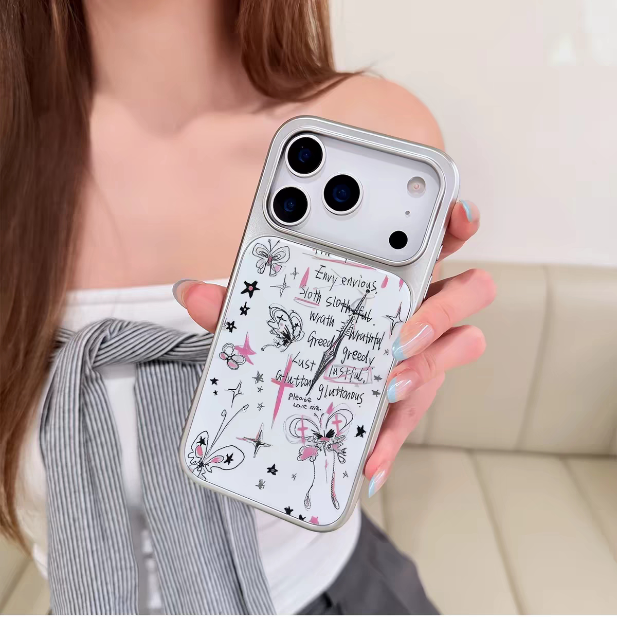 ins风韩系涂鸦蝴蝶滴胶银手机壳适用苹果iPhone17promax手机壳软边16防摔15原创小米141312/11华为mate60P780