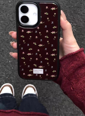 ins风复古褐色底碎花黑边适用苹果17promax滴胶手机壳iphone16pro新款1314pro创意15pro全包防摔手机套高级感