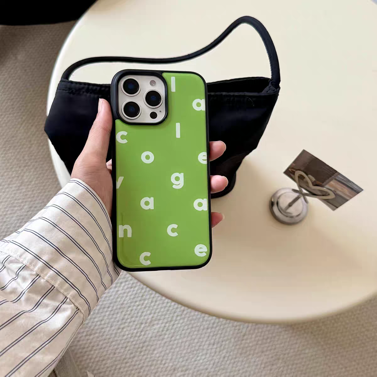 ins风清新绿色字母亚克力黑边适用苹果iPhone16promax手机壳15pro小米14Pro保护套华为mate60P70防摔三星S23