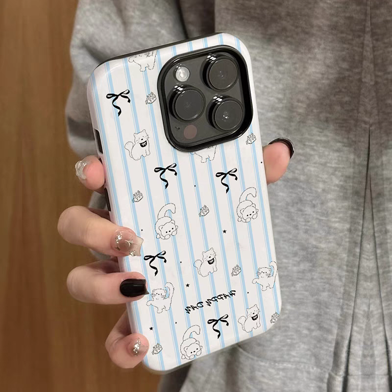 蓝白竖条纹小猫适用iphone15苹果手机壳16pro防摔13promax12菲林二合一14Pro小米华为荣耀OPPOvivo11Xsma防摔