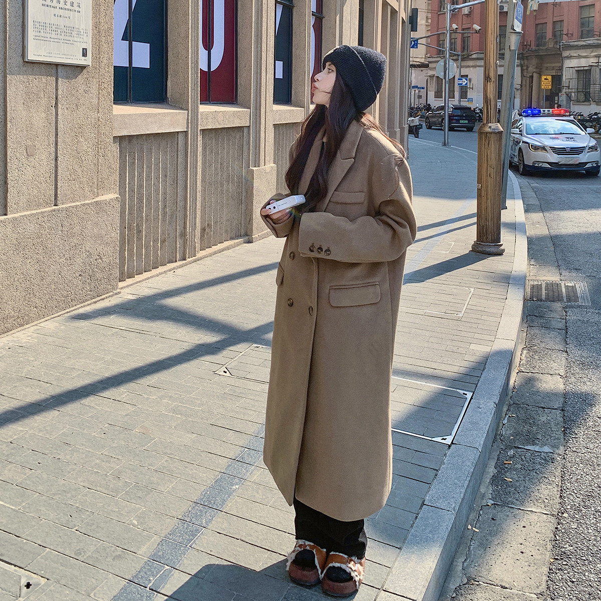 白色高级感长款西装毛呢外套女2025春季新款韩系牛角扣双排扣大衣,女装毛呢外套,浙宝115