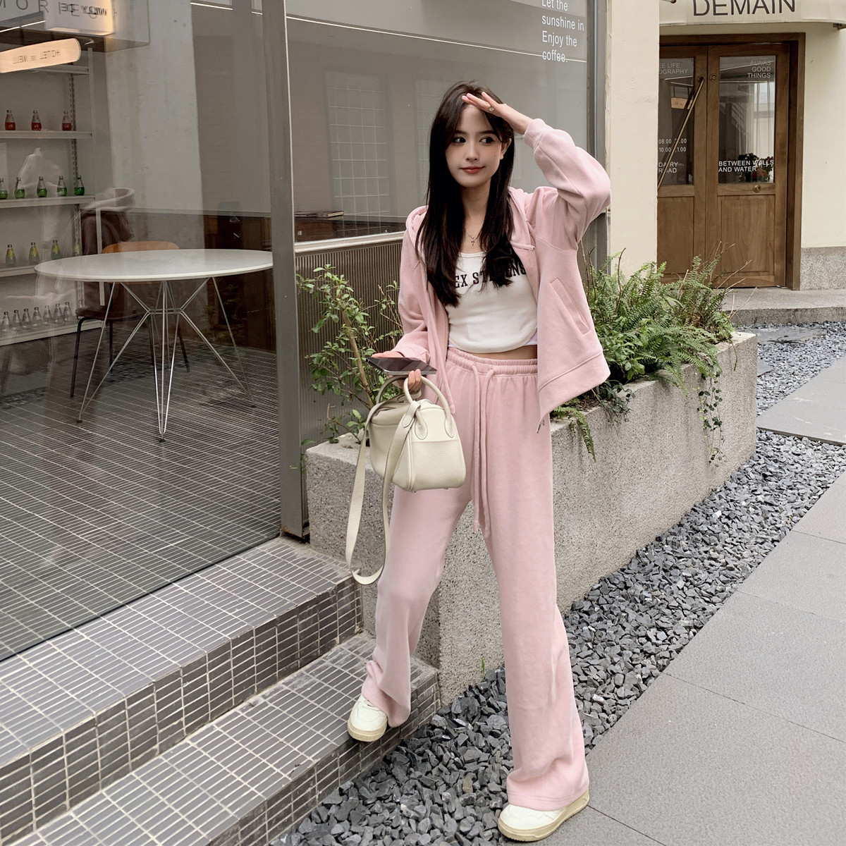 春季新款休闲运动套装女2024年韩版宽松粉色连帽卫衣阔腿裤两件套,女装套装/套裙,浙宝115