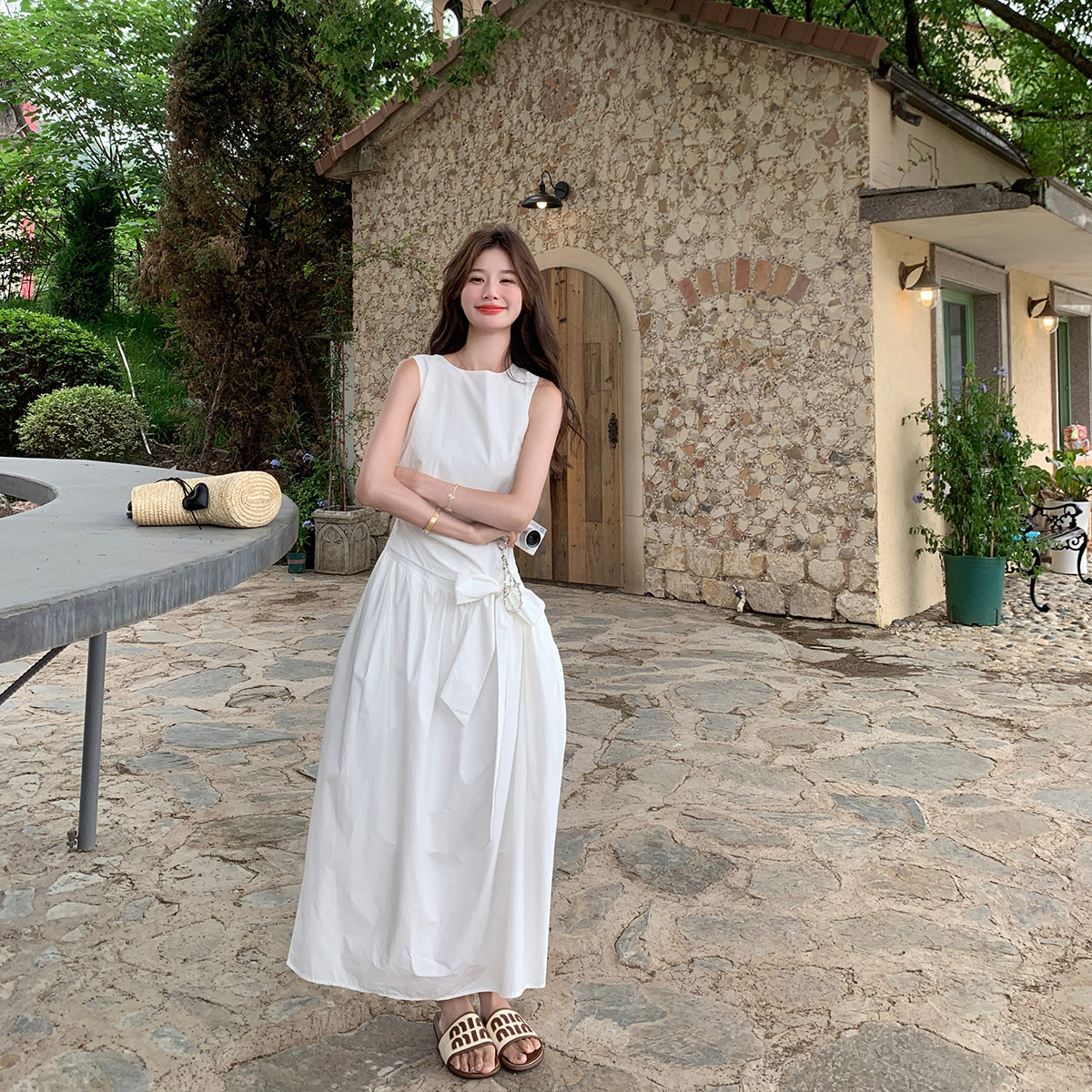 韩版收腰高级感背心连衣裙女2025夏季新款慵懒风系带显瘦气质长裙,女装连衣裙,浙宝115