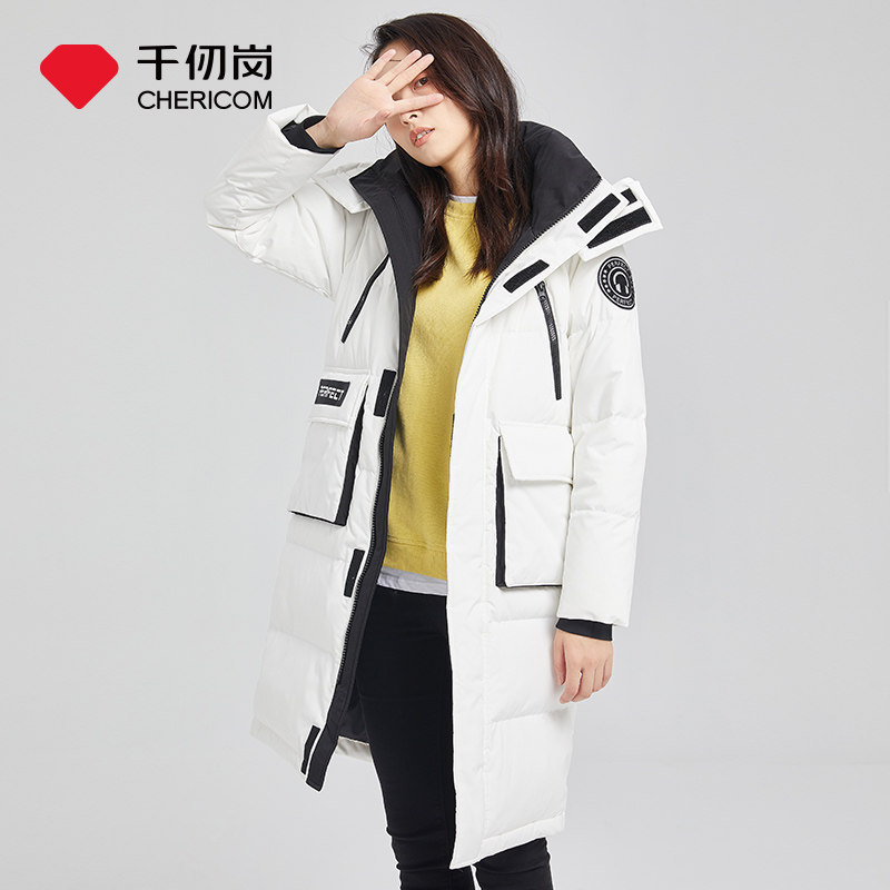 千仞岗2021新款羽绒服女中长款过膝工装直筒大口袋连帽加厚外套Ⅰ