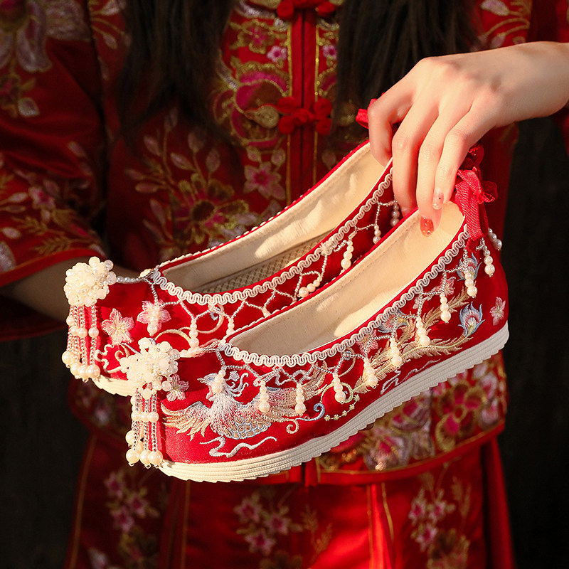 汉服鞋子女秀禾婚鞋内增高配旗袍绣花鞋民族风复古鞋浅口圆头布鞋图片