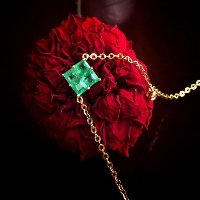 几何光影游戏18K金四格天然祖母绿手链钻石四方糖金珠调节包邮