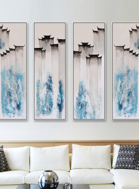 水墨蓝色新中式徽派建筑装饰画客厅三联四联抽象挂画马头墙组合画