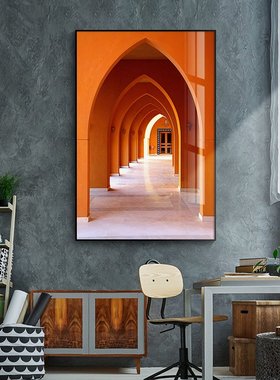 橙色楼梯建筑玄关挂画后现代简约客厅沙发背景墙装饰画轻奢壁画