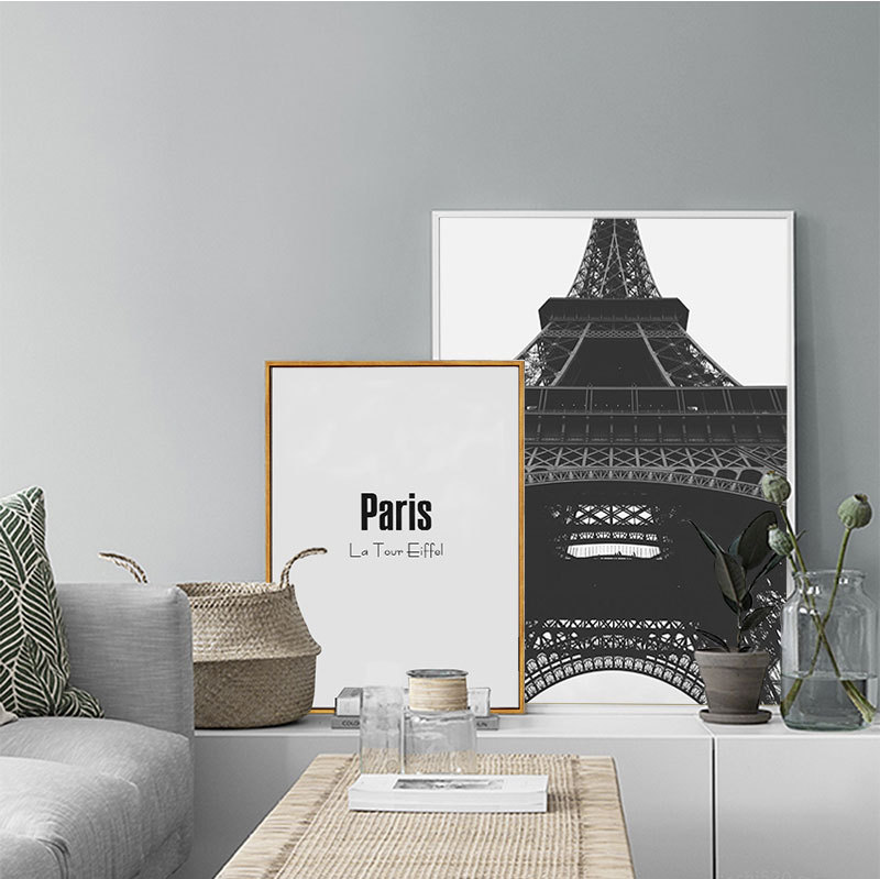 黑白建筑装饰画工业风巴黎埃菲尔铁塔文字挂画客厅玄关卧室抽象画图片