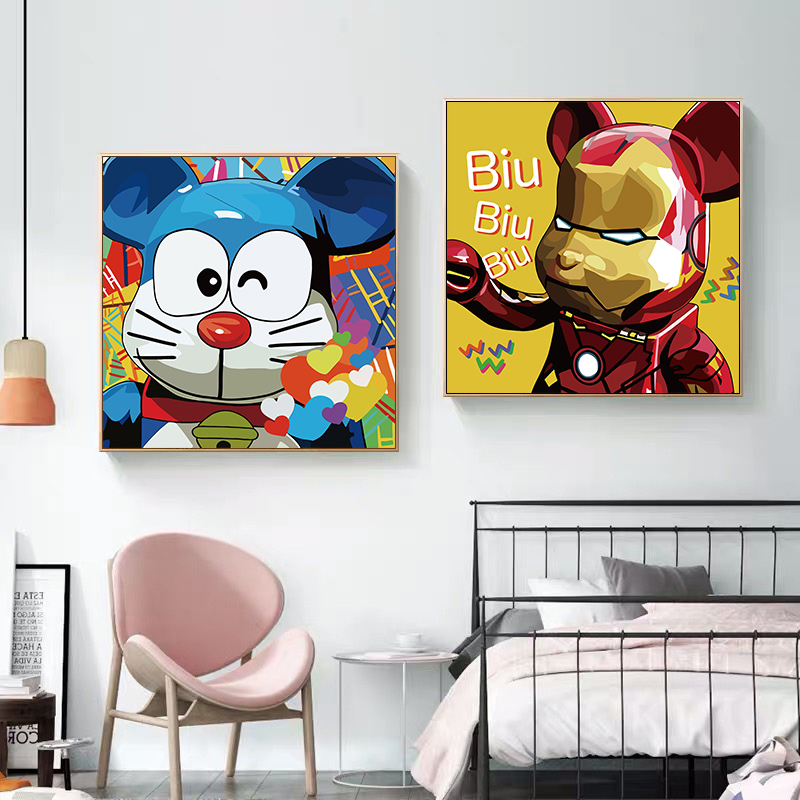 可爱熊卡通儿童房装饰画男孩正方形插画网红卧室背景挂画喷绘简约图片