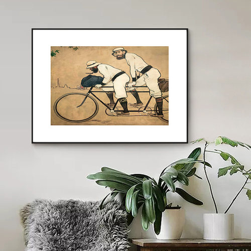 小众艺术复古装饰画卡萨斯自行车客厅书房摆件人物棕色挂画办公室