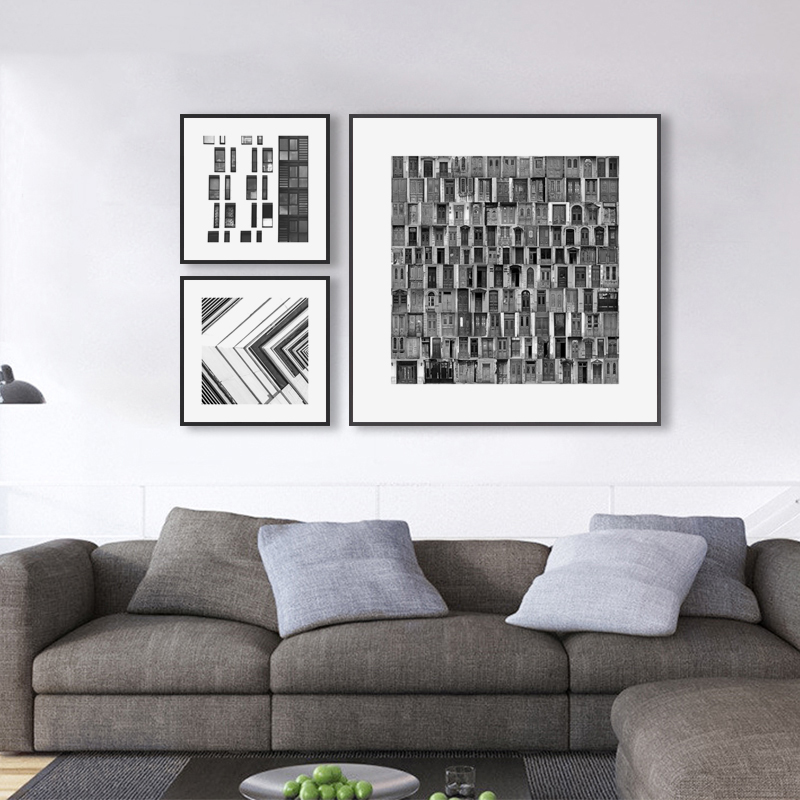 工业风黑白线条装饰画现代简约建筑正方形摄影挂画客厅样板间壁画图片