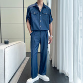 两件套 套装 薄款 夏季 韩版 软牛仔衬衫 2025新款 衬衣休闲长裤 男士 短袖