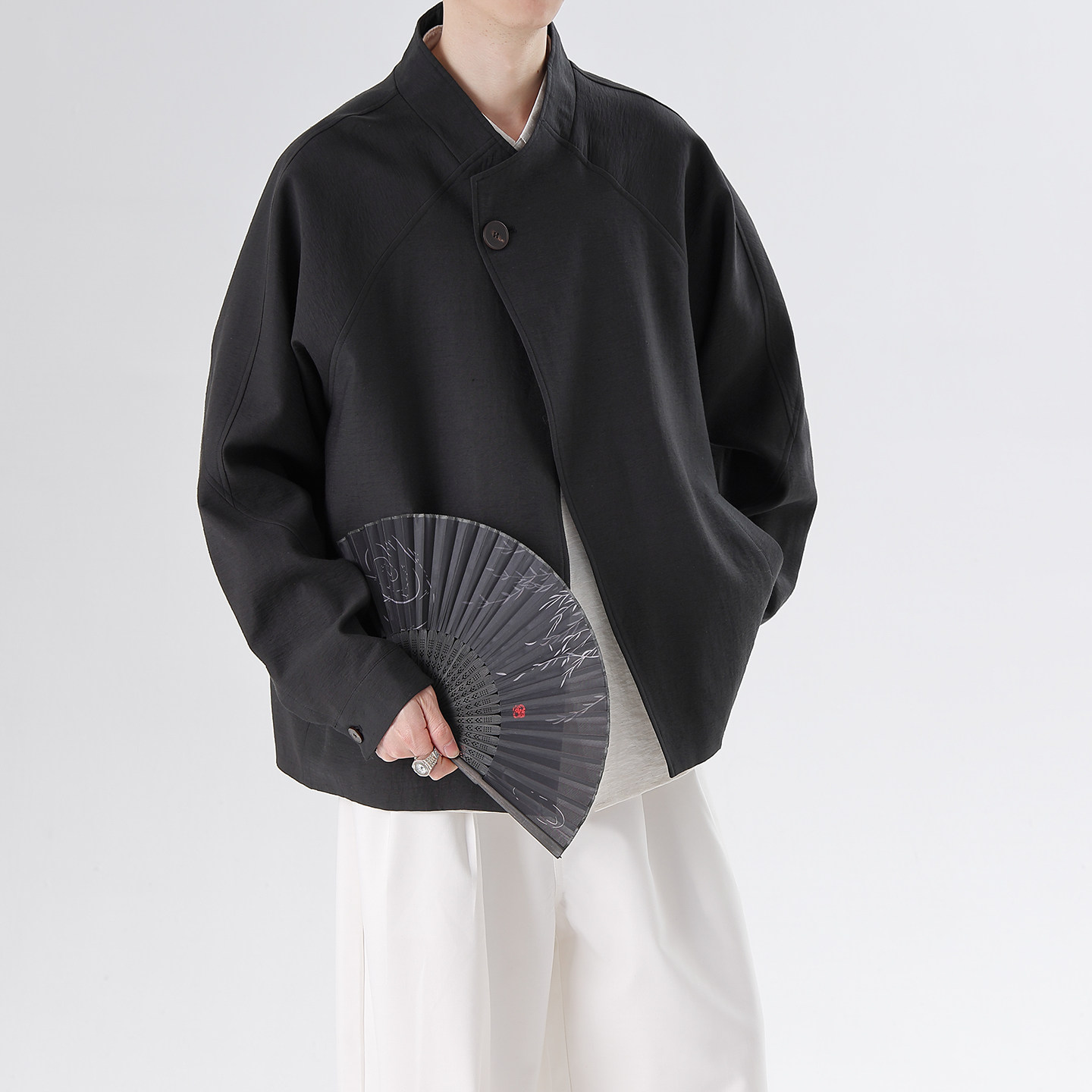 复古文艺风夹克男秋冬季一粒扣斜襟立领棉麻宽松国潮禅意茶服外套