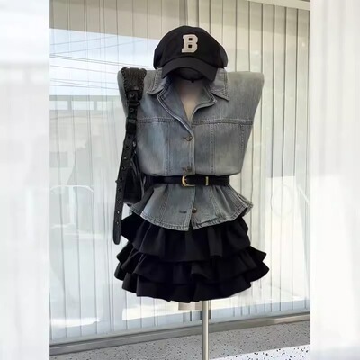 夏季御姐轻熟风穿搭女新款时尚无袖牛仔马甲背心外套短裙两件套装
