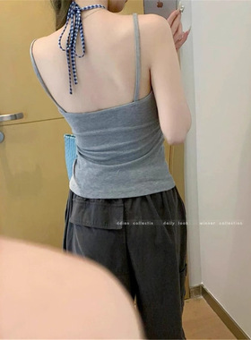 泰式独特海边吊带假两件带胸垫背心女夏装巨好看灰色挂脖无袖上衣
