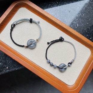 天然翡翠乌鸡平安扣情侣手绳高级黑灰男女手链手工编平安扣随机发