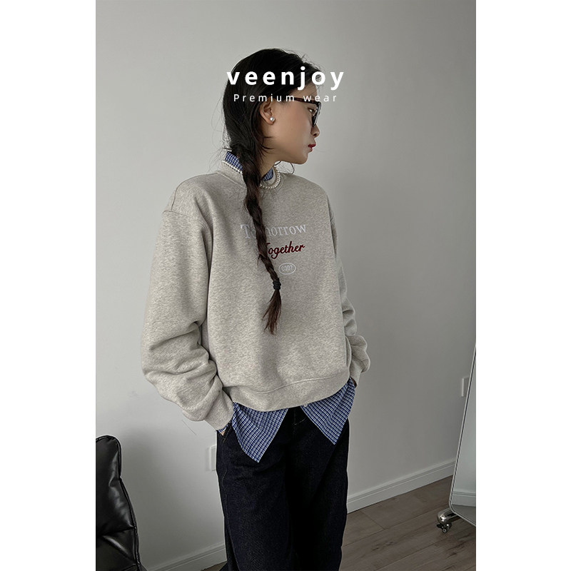 VEENJOY25 绒绒糕 宽松加绒保暖植绒胶印字母圆领先瘦卫衣511031