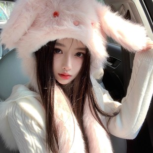 耳朵会动毛绒冬帽可爱兔兔毛绒长耳朵会动垂耳兔帽子女围脖护耳