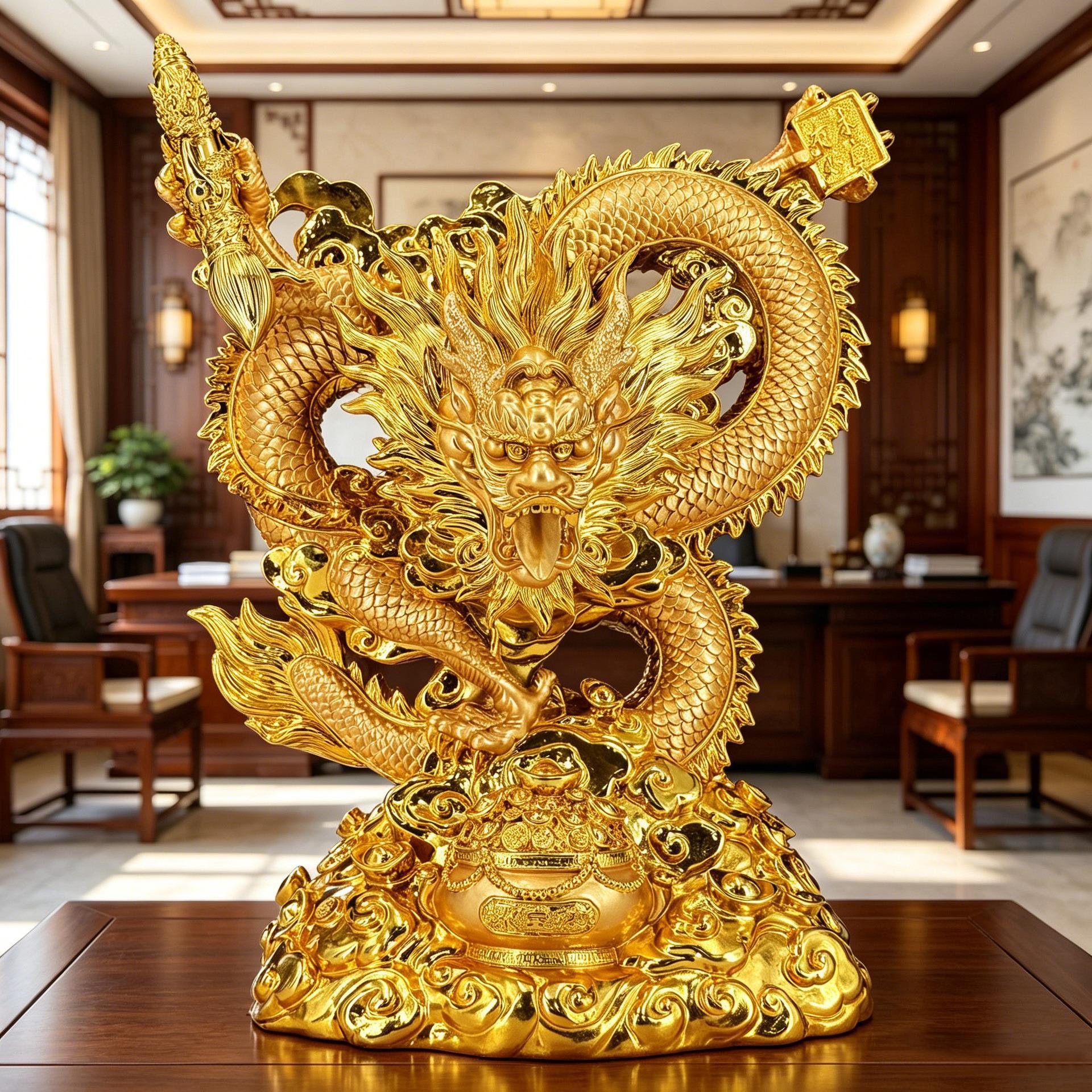 金龙摆件文昌笔聚宝盆底生肖龙摆件开业送礼办公室招财树脂工艺品