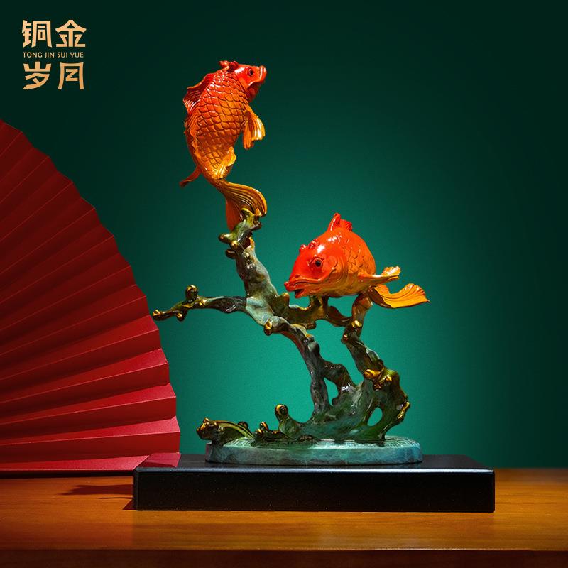 铜艺坊如鱼得水全铜锦鲤鱼铜雕工艺品摆件客厅电视柜展柜装饰摆件