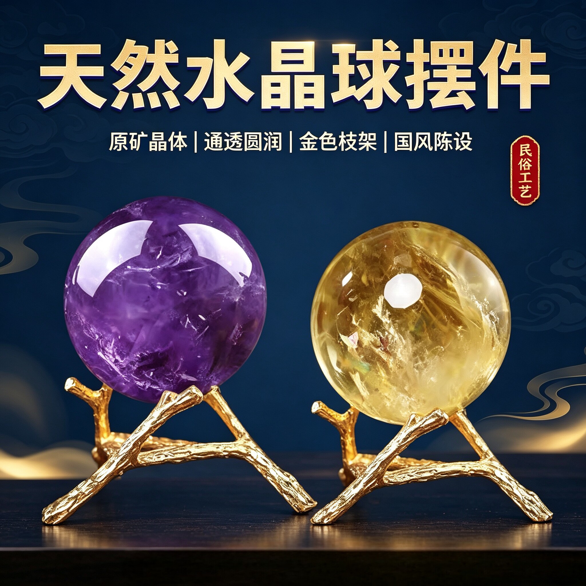 天然紫黄水晶球国风乔迁送礼摆件