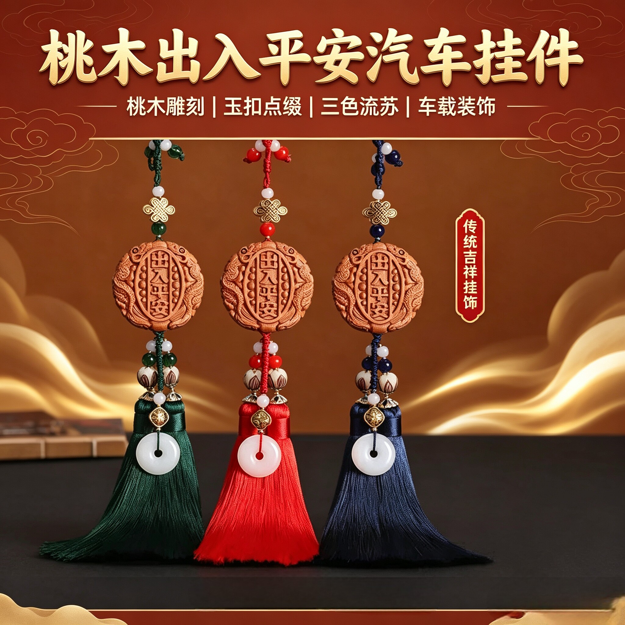 纯桃木出入平安后视镜车挂