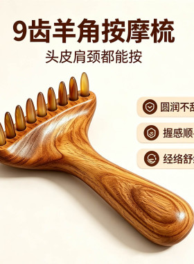 天然柚木实木羊角经络刷